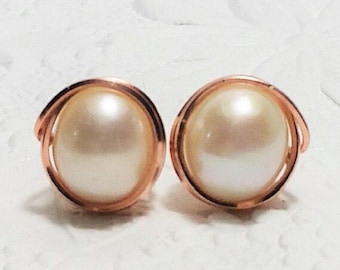Gold Pearl Stud Earrings,14k Gold Filled, Pearl and 14K Rose Gold Filled Earrings ,Freshwater pearl earrings, Wire Wrapped,Gold Pearl Studs