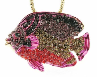 Pink Rhinestone Fish Pendant Necklace and Brooch ,Tropical  Fish, Beautiful layering Necklace, Gold Plated. Gift for a woman ,Holiday Gift