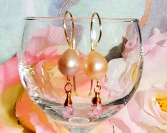 Pearl 14K Gold Filled Drop Earrings, Large Light Pink Iridescent Baroque Pearl Pink Topaz Earrings,  Bridal Earrings, Wife, Gift for her