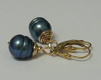 Tahitian South Sea Pearls 10 mm , Black Pearl Earrings , Pearl and Gold Earrings, Gold Earrings, June Birthstone