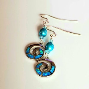 Blue Pearl Opal Sterling Silver Earrings - Sterling Silver Opal Dangle Earrings - June and October Birthstone