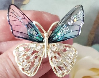 Butterfly Brooch,Vintage Brooch - Butterfly Pin,Blue and White Pave CZ Butterfly Brooch,Gold Brooch,Gift For Her,Birthday Gift, Holiday Gift