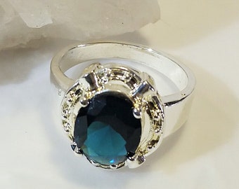 Blue CZ Large 925 Sterling Silver Ring, Size 7.25 Cocktail Engagement Ring ,Sterling Silver and Blue Cubic Zirconia Ring