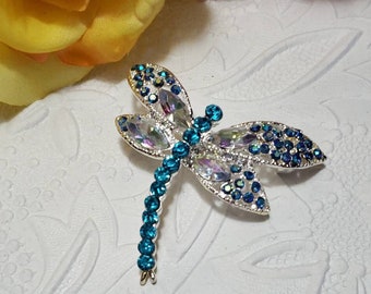 Dragonfly  Brooch - Vintage Brooch - Blue Rhinestone Dragonfly Brooch - Silver Brooch - Gift For Her - Birthday Gift- Holiday Gift