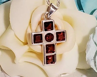Red Garnet Cross Necklace Pendant Necklace, Christian Religious Jewelry, Baptism, January Birthstone, Christian Gift, Baptism, Free Shipping