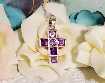 Amethyst and Sterling Silver Cross Necklace Pendant Necklace,Faceted Rose De France Amethyst Gemstones, Christian Religious Jewelry, Baptism
