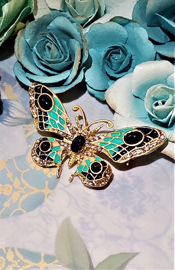 Butterfly Brooch - Green Blue Butterfly -Rhinesto… - image 2