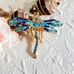 Dragonfly  Brooch - Vintage Brooch - Blue Rhinestone Dragonfly Brooch - Gold Brooch - Gift For Her - Birthday Gift
