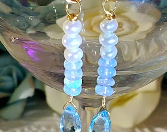 Blue Topaz  Ethiopian Opals and Pearl Earrings,November Birthstone -Bridal Earrings,Wedding Earrings, Gift for a woman, Evening Earrings