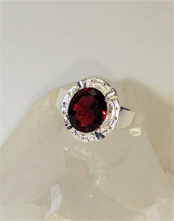 Sterling Silver Garnet Red Ring, -  Size 8  -  re… - image 1