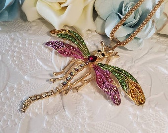 Pink and Green Multicolor Rhinestone Dragonfly Necklace, Vintage Betsy Johnson Dragonfly Necklace,Gift for Her, Gift for a Wife,Holiday Gift