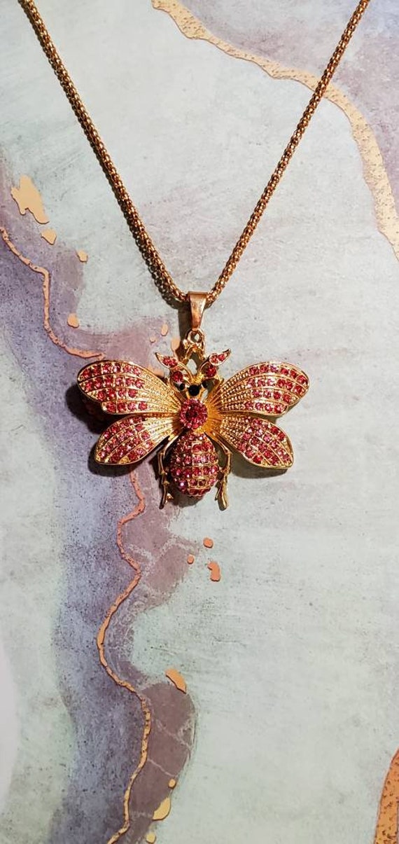 Pink Bee Brooch, Bee Necklace,Rhinestone Honey Bee