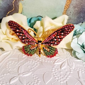 Butterfly Brooch - Vintage Brooch - Butterfly Pin- Pink and Green  Rhinestone Butterfly Brooch - Gold Brooch - Gift For Her, Birthday Gift