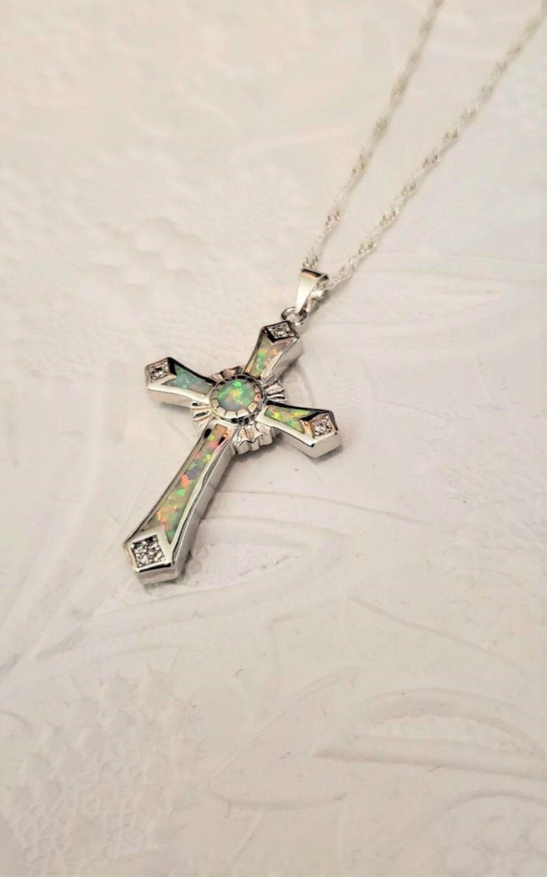 Sterling Silver Cross Necklace, Small Cross Necklace, Sterling Silver Cross Pendant with Sterling Silver Chain,Confirmation Gift,Lab Opals image 4