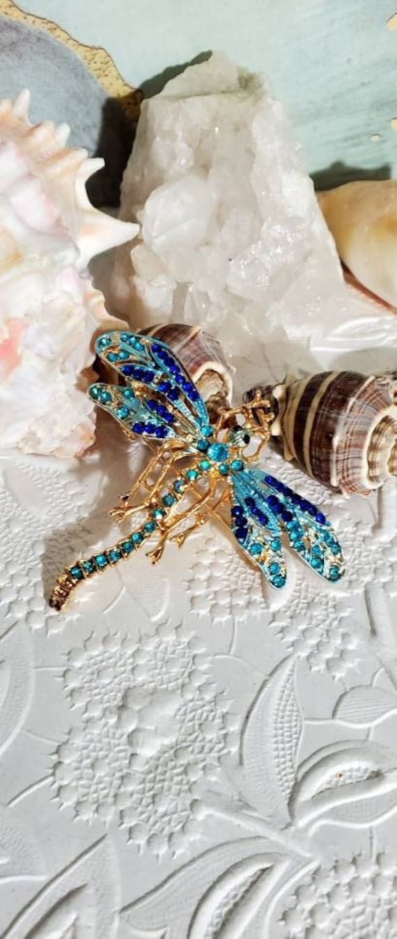 Dragonfly  Brooch - Vintage Brooch - Blue Rhinesto