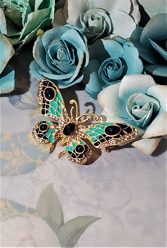 Butterfly Brooch - Green Blue Butterfly -Rhinesto… - image 4