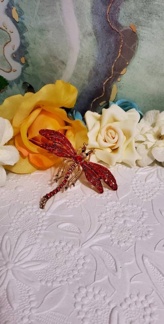 Dragonfly  Brooch - Dragonfly Pin - Red Rhinestone