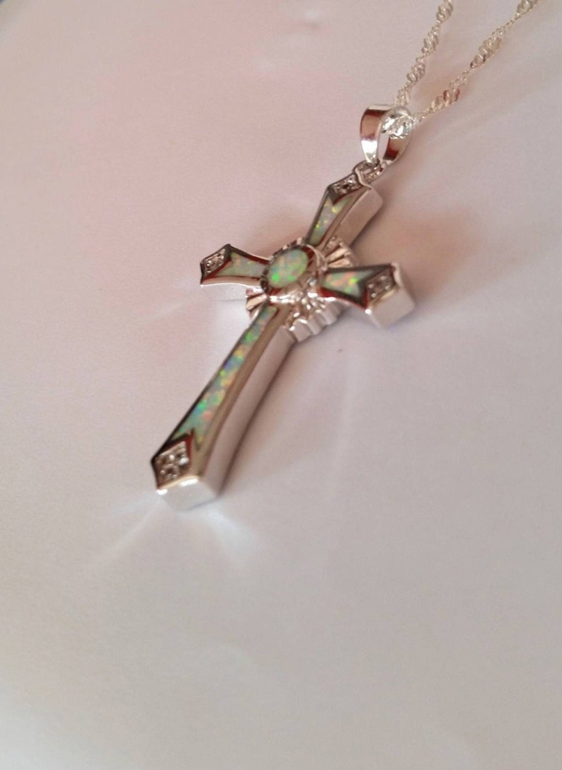 Sterling Silver Cross Necklace, Small Cross Necklace, Sterling Silver Cross Pendant with Sterling Silver Chain,Confirmation Gift,Lab Opals image 1