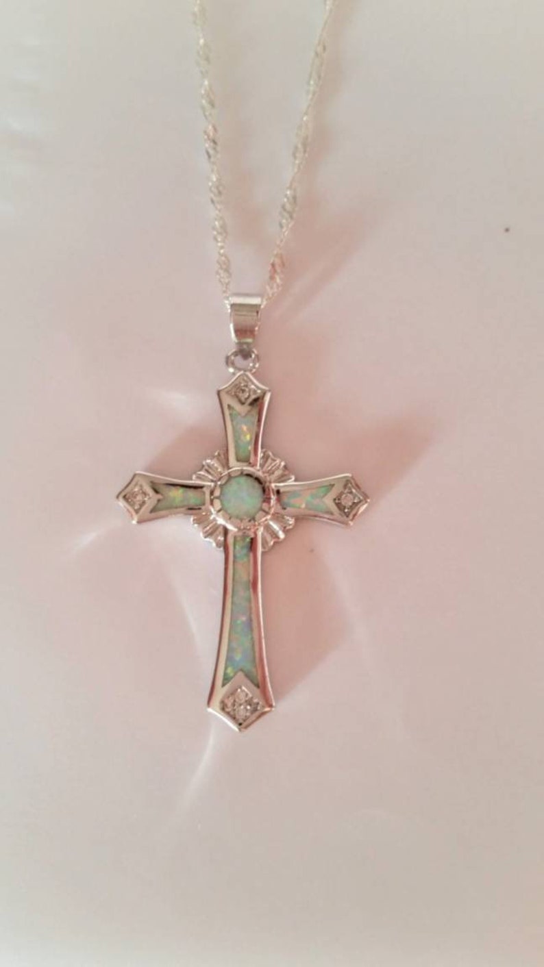 Sterling Silver Cross Necklace, Small Cross Necklace, Sterling Silver Cross Pendant with Sterling Silver Chain,Confirmation Gift,Lab Opals image 2