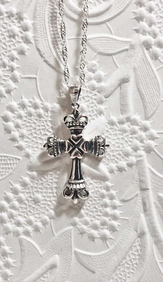 Sterling Silver Cross Necklace, Crown Cross ,religious Cross Sterling Silver Cross Necklace, Crown Cross ,religious Cross