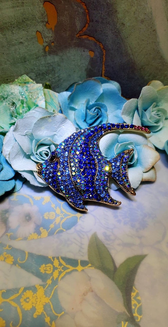 Blue Angel Fish Brooch Pin, Beautiful Rhinestone … - image 1