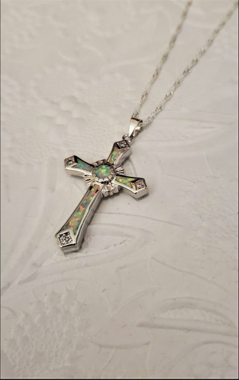 Sterling Silver Cross Necklace, Small Cross Necklace, Sterling Silver Cross Pendant with Sterling Silver Chain,Confirmation Gift,Lab Opals image 8