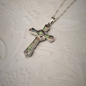 Sterling Silver Cross Necklace, Small Cross Necklace, Sterling Silver Cross Pendant with Sterling Silver Chain,Confirmation Gift,Lab Opals image 6