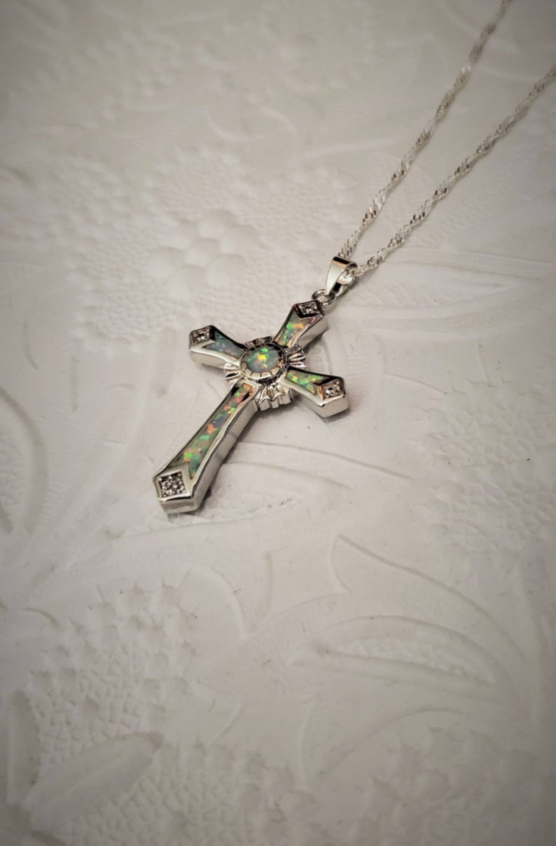 Sterling Silver Cross Necklace, Small Cross Necklace, Sterling Silver Cross Pendant with Sterling Silver Chain,Confirmation Gift,Lab Opals image 6