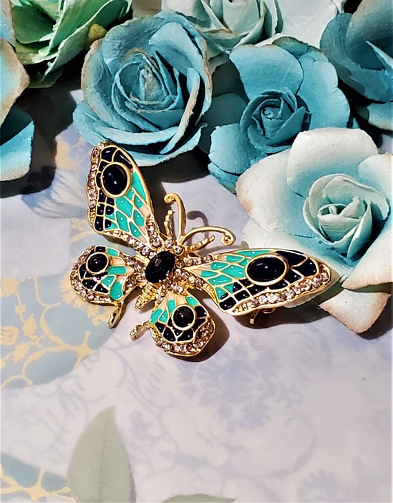 Butterfly Brooch - Green Blue Butterfly -Rhinesto… - image 1