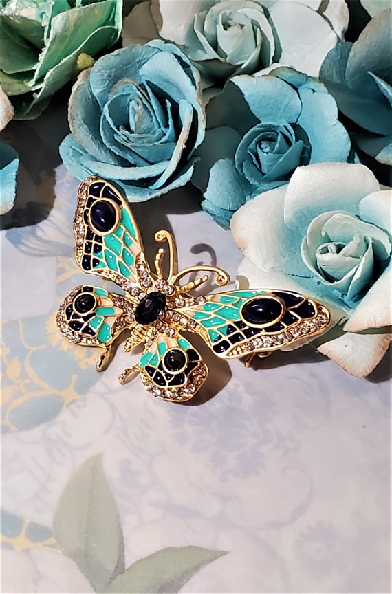 Butterfly Brooch - Green Blue Butterfly -Rhinesto… - image 3