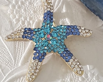 Starfish Blue Starfish Fish Brooch Pin, Beautiful Rhinestone in Blues Iridescent, Tropical Beach ,Bridal Gift , Office Gift Lapel Pin