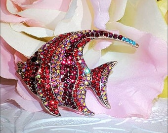 Red Angel Fish Brooch Pin, Beautiful Rhinestone in Reds,Pinks Iridescent, Fish Brooch Pin, Bridal Gift, Tropical Fish Brooch, Christmas Gift