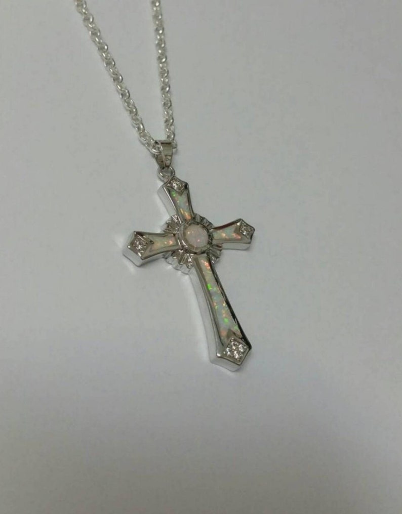 Sterling Silver Cross Necklace, Small Cross Necklace, Sterling Silver Cross Pendant with Sterling Silver Chain,Confirmation Gift,Lab Opals image 5