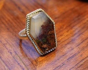 Moss Agate ring, fall leaves jewelry, autumn leaves, scenic gemstone, coffin ring, hexagon ring
