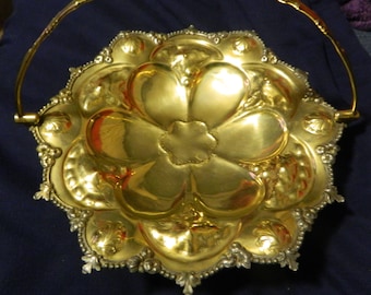 A Sculptured Brass Serving Dish~Pedestal Dish w/Handle~A Vintage Brass Decor Platter w/Flower Design on Bottom~