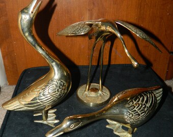 2~ Polished Brass Geese & A Polished Single Heron~Heavy Brass Birds~Brass Ducks~Egret~Crane~Brass Sculptured Figurines~