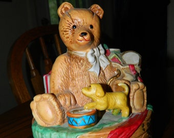 Vintage Christmas Music Box, Collectible Bear, Holiday Music, Christmas Decor, Wind it up and Listen to the Music Play "Jingle Bells"