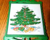 Christmas Cast Iron Green Trivet w a Painted Christmas Tree Decor on Ceramic Tile Wall Decor Hang in a Group or By itself