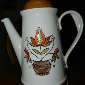 Vintage Poppytrail Provincial Flower Coffee Pot by Metlox. A Hand Painted Beige Coffee Pot w/a Orange, Brown, Yellow & Green Floral Design