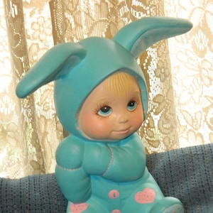 Vintage Baby Boy Bunny Rabbit Figurine. A Plaster Blue & Pink Bunny Rabbit Statue. Baby Shower Gift or Easter Decoration
