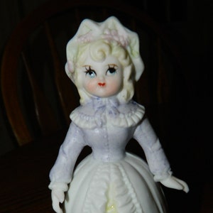 Unique Victorian Girl Figurine Bell~Vintage Novelty Bell~A Victorian Girl Wearing a Pastel Dress~Made of Bisque Porcelain~Great Sound~Gift