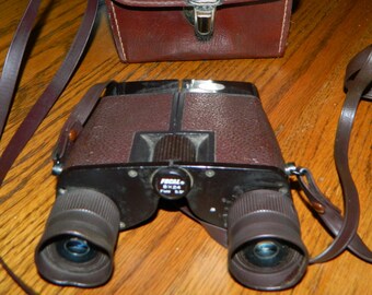 A Pair of Focal~8 x 24~Field 5.5" Binoculars~A Vintage Brown Leather Pair of Binoculars~w/Strap and Brown Leather Case, or Bag~Kresge Co.