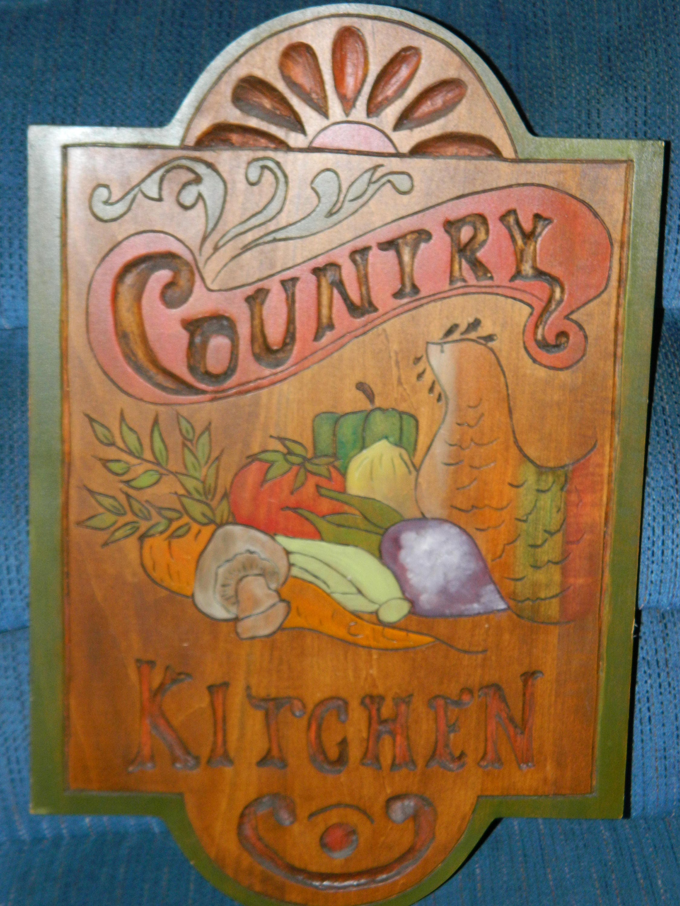 Vintage Country Kitchen Wooden Sign, Hand Carved & Painted Wooden Wall ...