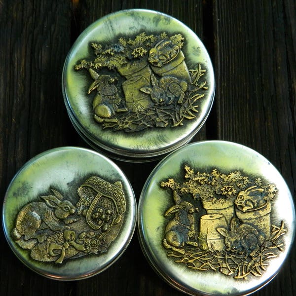 3 Vintage Metal Tins w/ a Brass Rabbit Decor, Rocky Mountain Chocolate Factory Tins, Store, Coins~Sewing~Jewelry~Odds & Ends