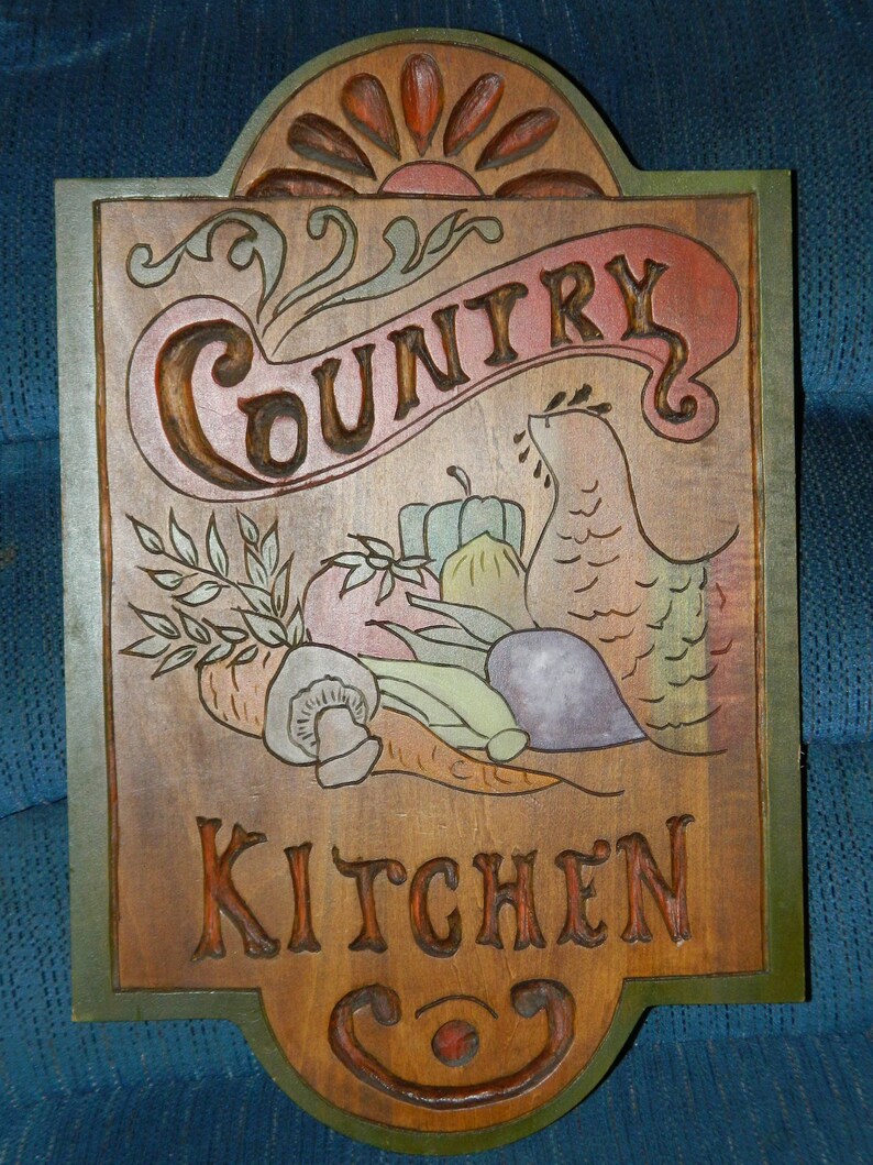 Vintage Country Kitchen Wooden Sign, Hand Carved & Painted Wooden Wall ...