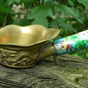 Vintage Brass Hand Painted Enamel Iron. A Small Brass Chinese Charcoal Holder For Ironing Silk and Other Fine Dedicates. Cloisonne Silk Iron