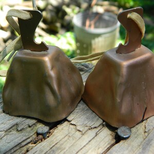 2 Vintage Cow Bells~Pair of Rustic Copper Color Cow Bells~Vintage Dinner Bells~Rustic Country Kitchen Decor~Bottle Openers~Collectible Bells