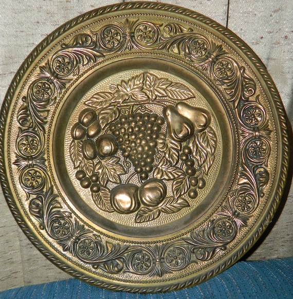 Vintage Hammered Brass Wall Plate W/a Assorted Fruit Design. A 12