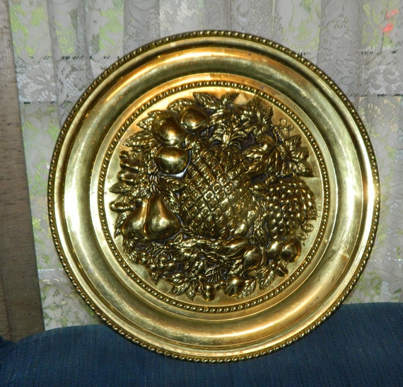 Vintage Embossed Brass 16.5 Wall Plate W/a Fruit Design. A Large Beautiful  Hammered Brass Platter W/a Fruit Decoration to Hang on the Wall. 