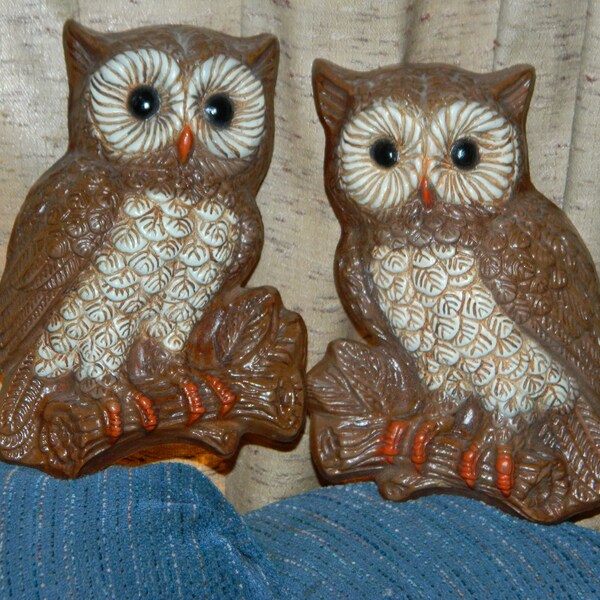 Une paire de Figurines chouette Vintage rustique. Bel ensemble Vintage de décorations murales hibou en plastique brun